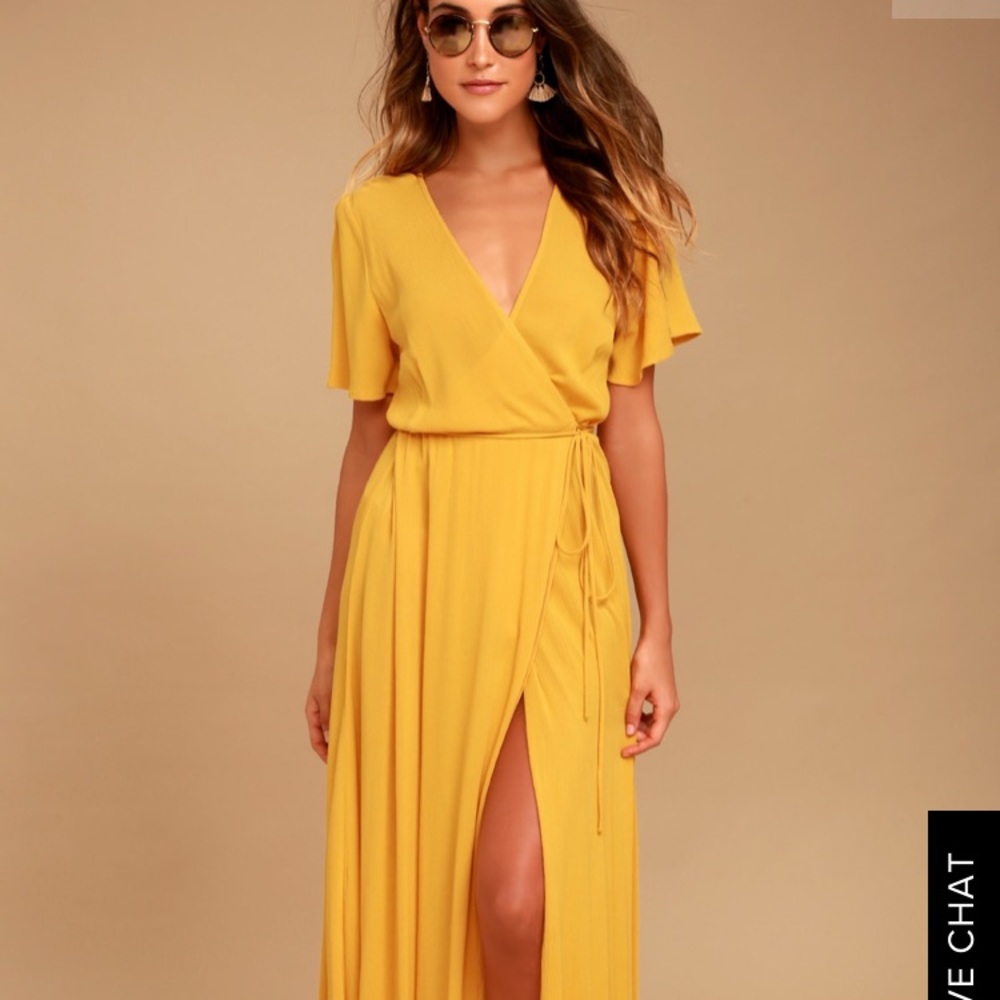 Lulus much obliged yellow wrap dress